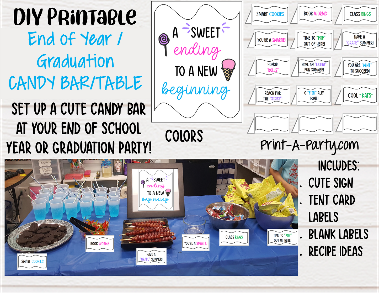 END OF SCHOOL YEAR CANDY BAR DIY | CANDY TABLE SET UP DIY | END OF YEAR School Party | GRADUATION Party | Summer Parties | Food Station for Party | Food Bar for Party | Instant Download Printable