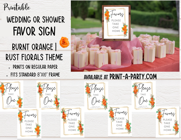 FAVORS SIGN Burnt Orange Rust Floral for Bridal Shower, Wedding, Parties | Favors Please take one | Bridal or Baby Shower Favors Sign | Wedding Shower Decor | Floral Favors Sign