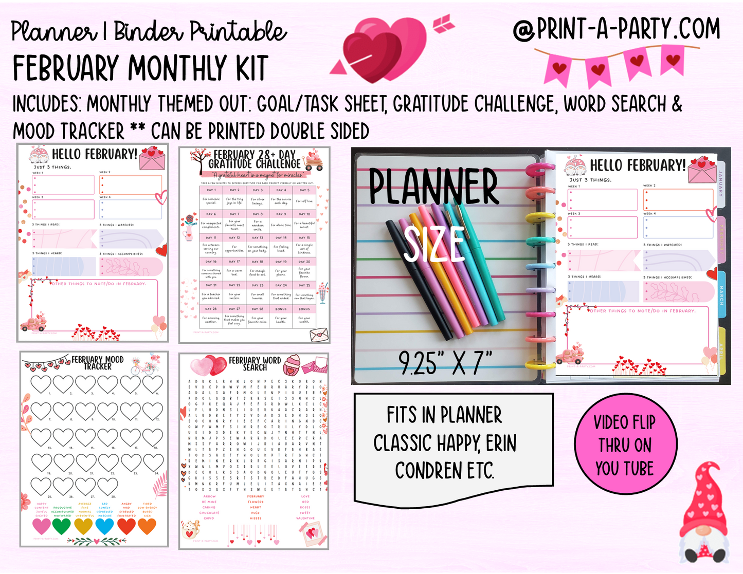 Monthly Planner Kit 2 - FEBRUARY Printable | To Do/Goal Tracker | Gratitude Challenge | Word Search Game | Mood Tracker | Planner/Binder Sizes