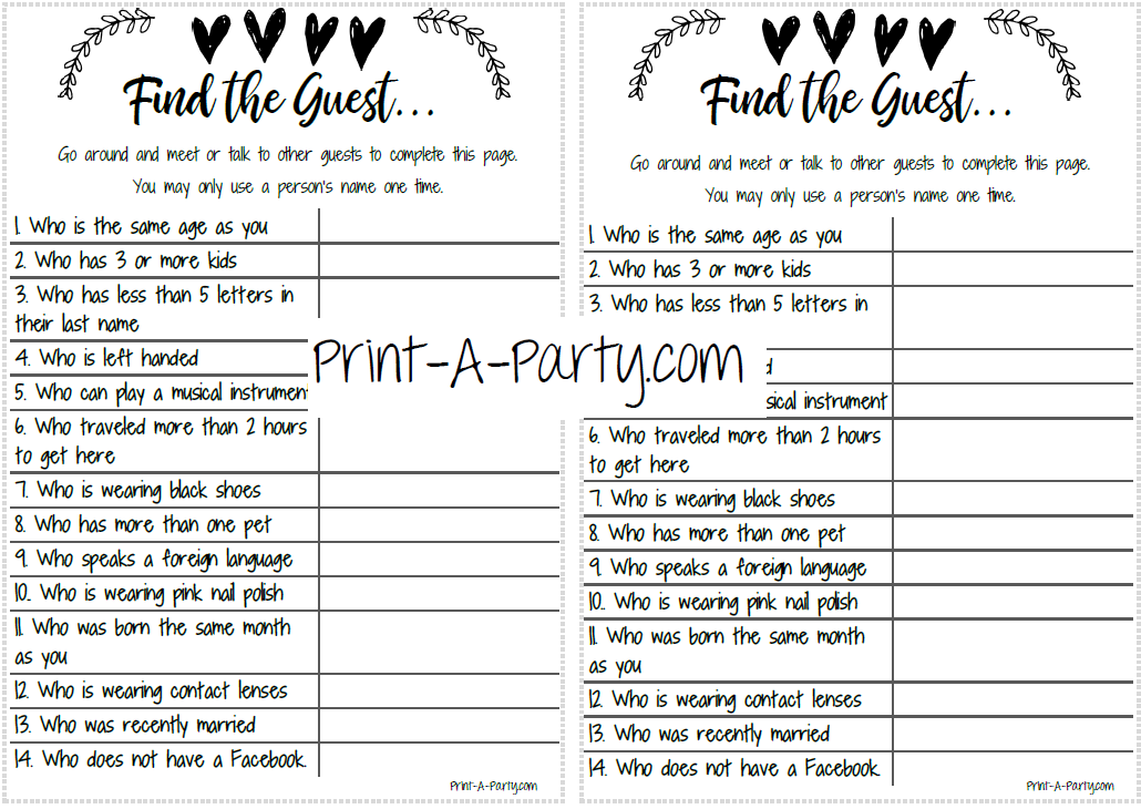 FIND THE GUEST Game | Bridal Shower, Wedding Shower, Same Sex Wedding Shower Game | Printable