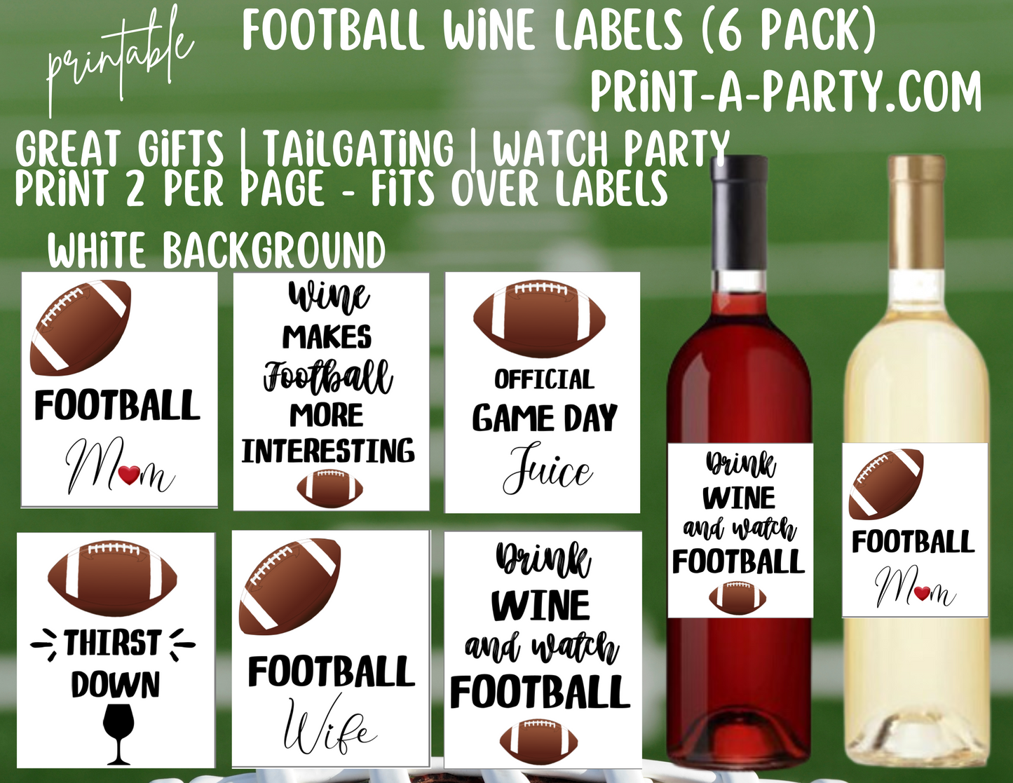 WINE LABELS: Football Wine | Football Mom | Football Wine | Football Humor Wine Labels (6) - INSTANT DOWNLOAD - Pick your design