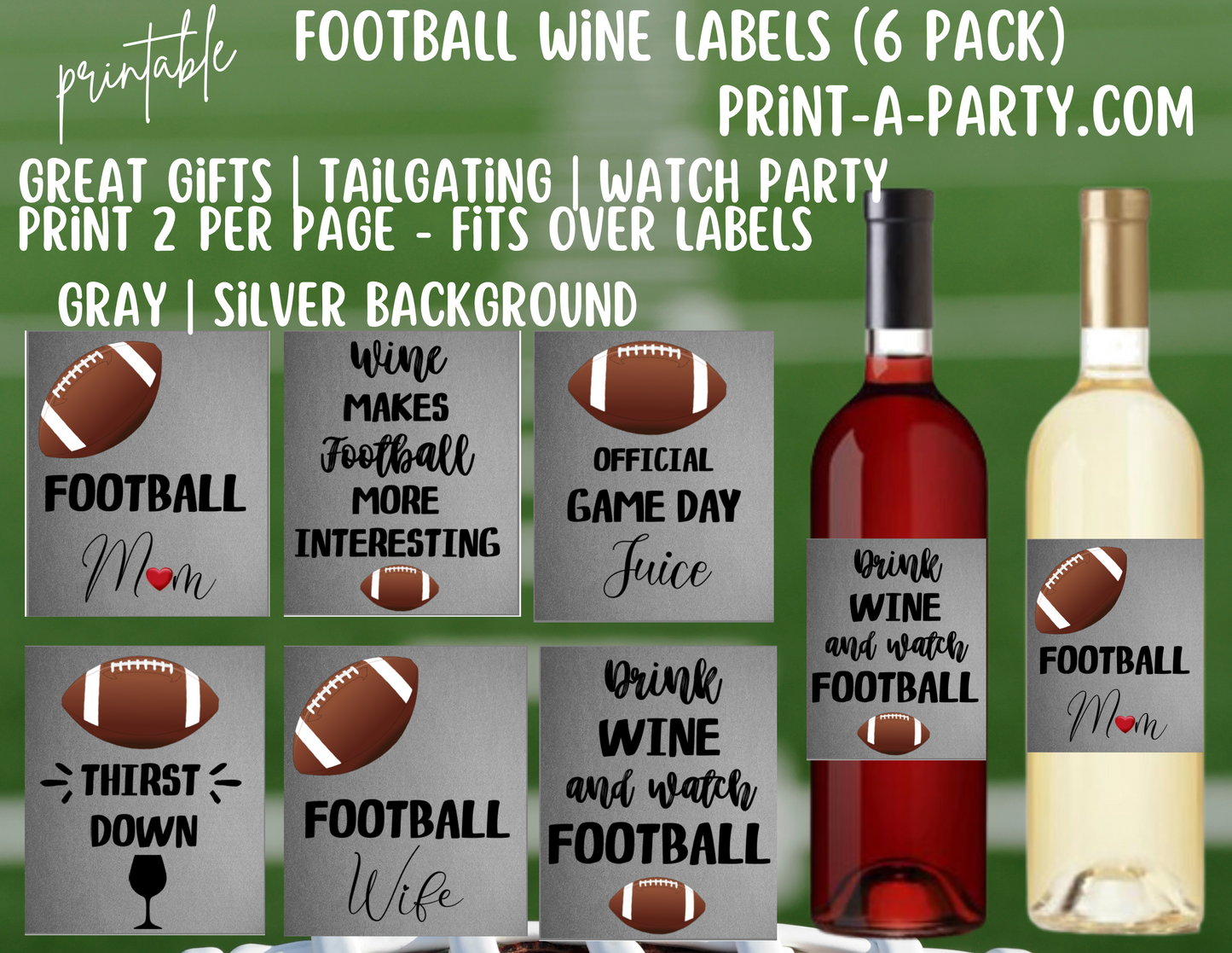 WINE LABELS: Football Wine | Football Mom | Football Wine | Football Humor Wine Labels (6) - INSTANT DOWNLOAD - Pick your design