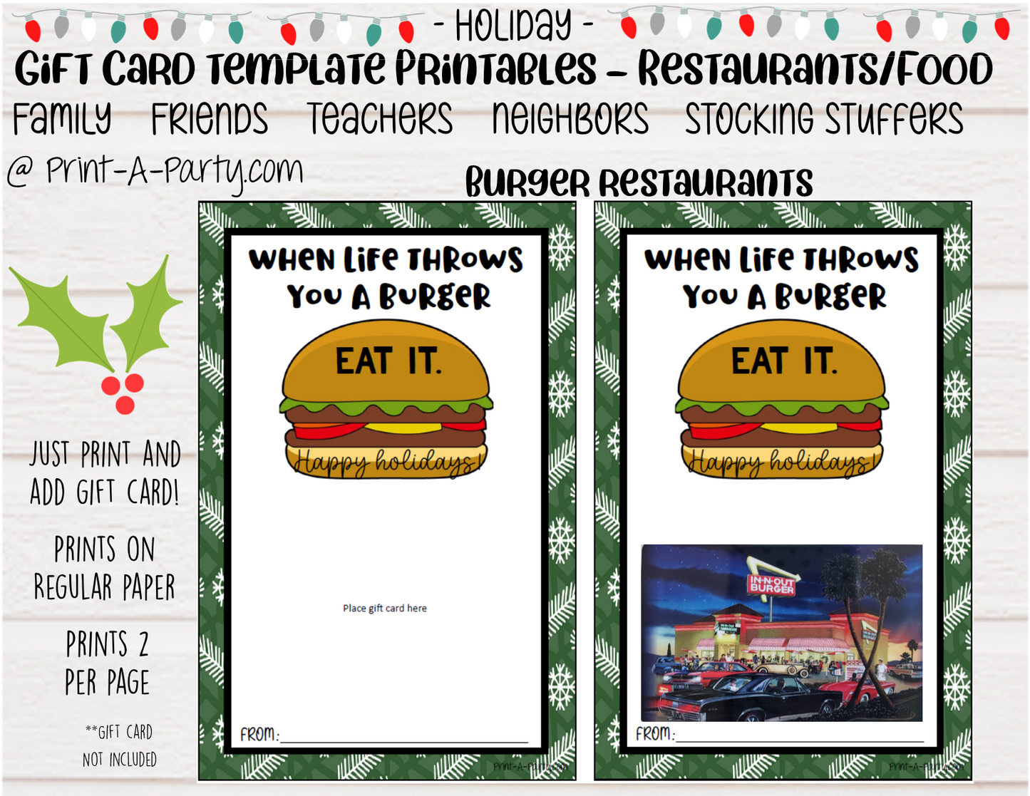 GIFT CARD Holiday Templates | Restaurants | Whataburger | Chik-fil-a | Burgers | Mexican Restaurant | Italian Restaurant | Coffee | Tea | Steakhouse | Christmas | Stocking Stuffer  - INSTANT DOWNLOAD - Use each year!