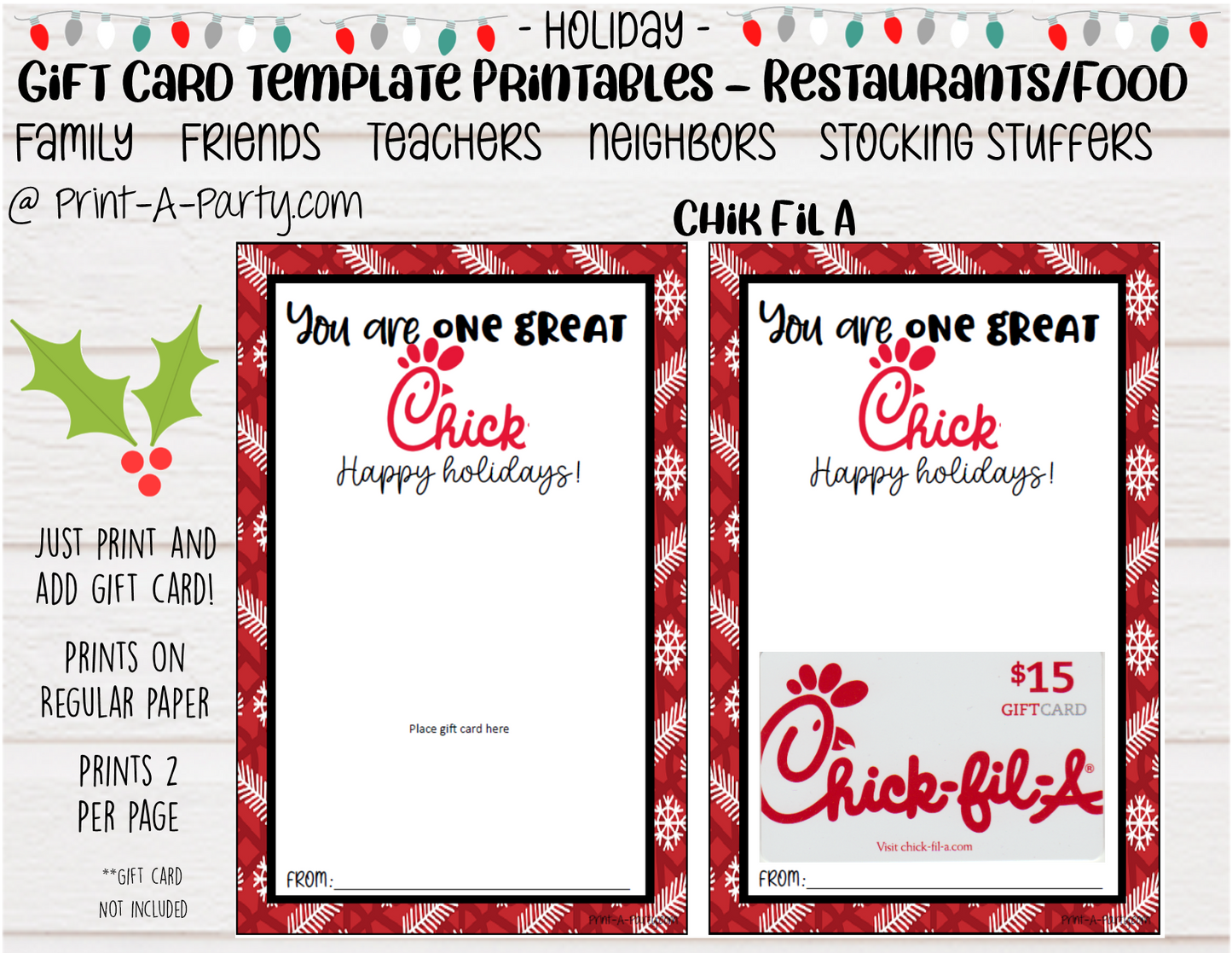 GIFT CARD Holiday Templates | Restaurants | Whataburger | Chik-fil-a | Burgers | Mexican Restaurant | Italian Restaurant | Coffee | Tea | Steakhouse | Christmas | Stocking Stuffer  - INSTANT DOWNLOAD - Use each year!