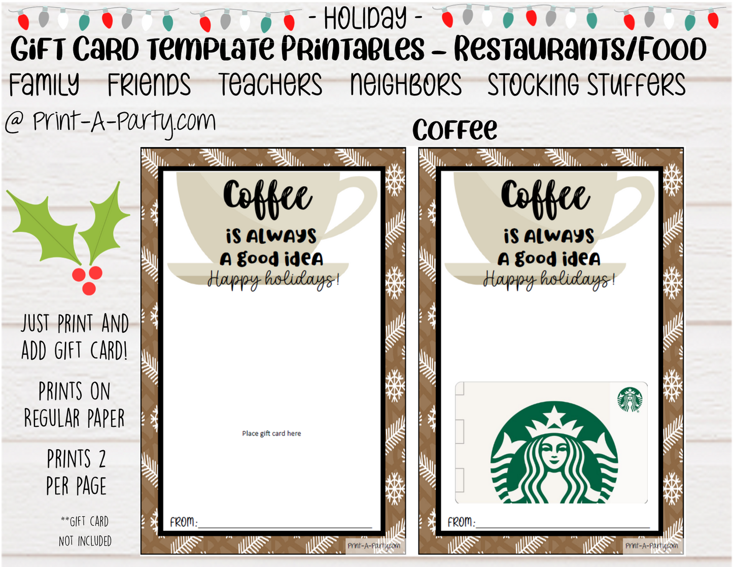 GIFT CARD Holiday Templates | Restaurants | Whataburger | Chik-fil-a | Burgers | Mexican Restaurant | Italian Restaurant | Coffee | Tea | Steakhouse | Christmas | Stocking Stuffer  - INSTANT DOWNLOAD - Use each year!