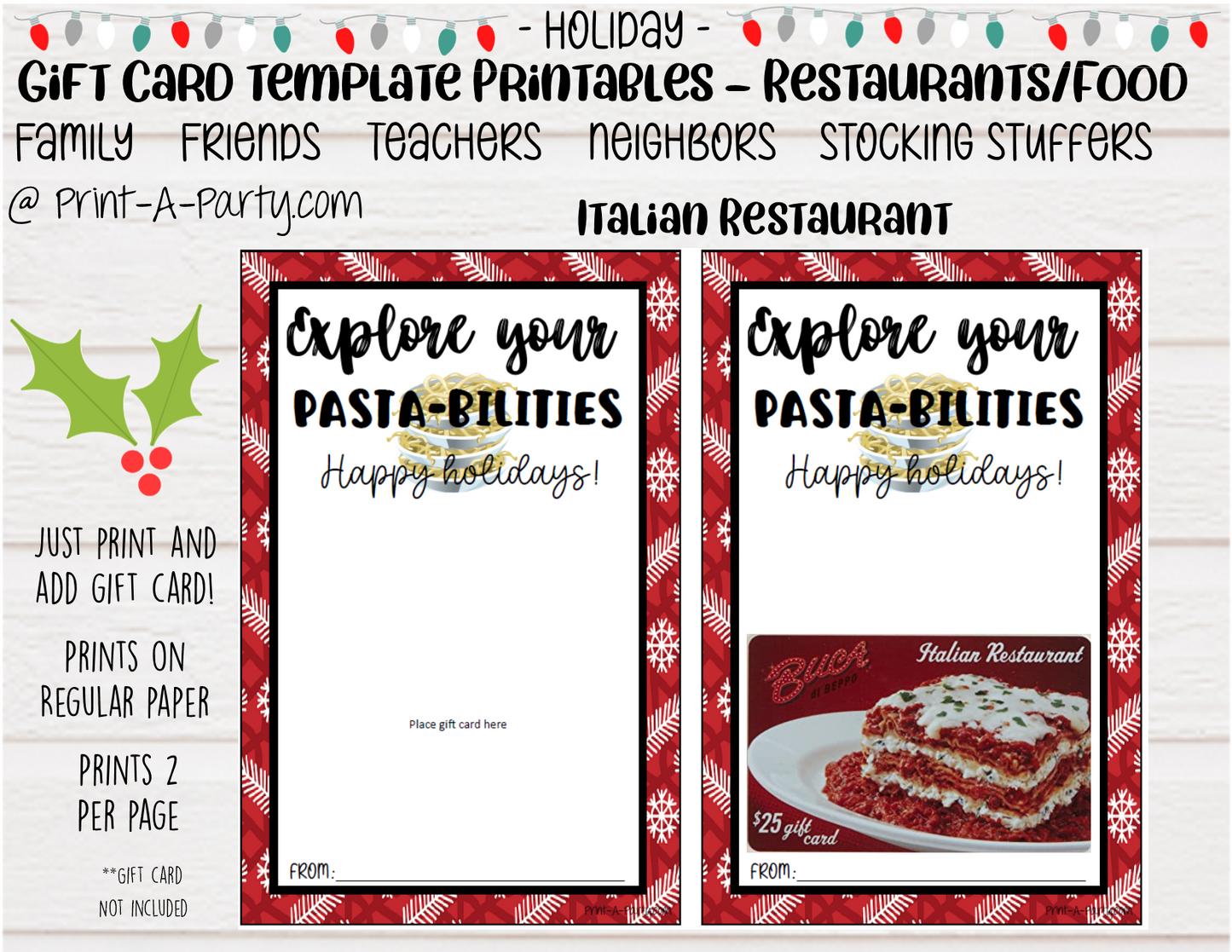 GIFT CARD Holiday Templates | Restaurants | Whataburger | Chik-fil-a | Burgers | Mexican Restaurant | Italian Restaurant | Coffee | Tea | Steakhouse | Christmas | Stocking Stuffer  - INSTANT DOWNLOAD - Use each year!