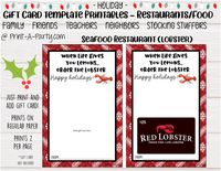 GIFT CARD Holiday Templates | Restaurants | Whataburger | Chik-fil-a | Burgers | Mexican Restaurant | Italian Restaurant | Coffee | Tea | Steakhouse | Christmas | Stocking Stuffer  - INSTANT DOWNLOAD - Use each year!