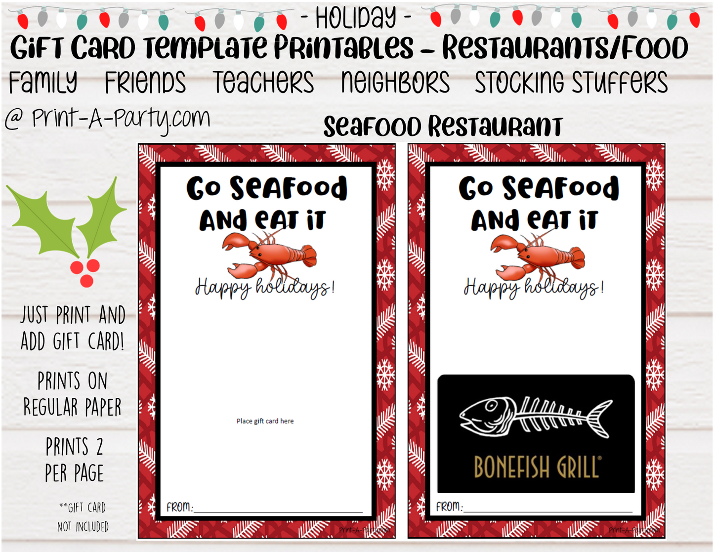 GIFT CARD Holiday Templates | Restaurants | Whataburger | Chik-fil-a | Burgers | Mexican Restaurant | Italian Restaurant | Coffee | Tea | Steakhouse | Christmas | Stocking Stuffer  - INSTANT DOWNLOAD - Use each year!