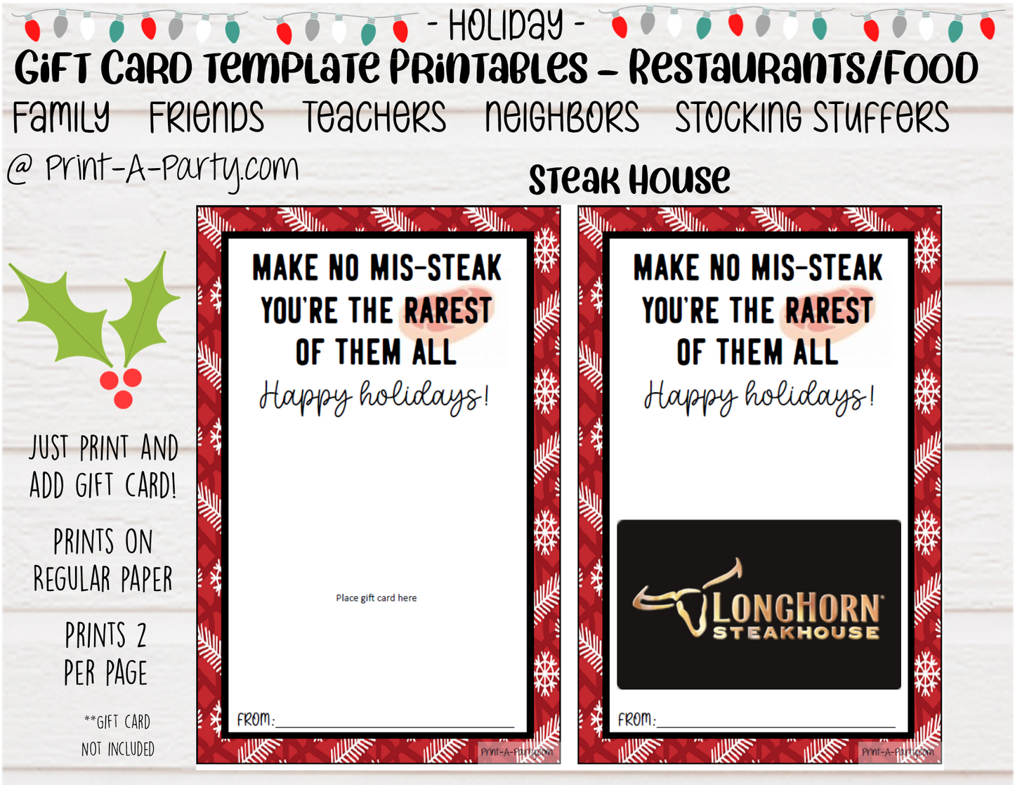 GIFT CARD Holiday Templates | Restaurants | Whataburger | Chik-fil-a | Burgers | Mexican Restaurant | Italian Restaurant | Coffee | Tea | Steakhouse | Christmas | Stocking Stuffer  - INSTANT DOWNLOAD - Use each year!