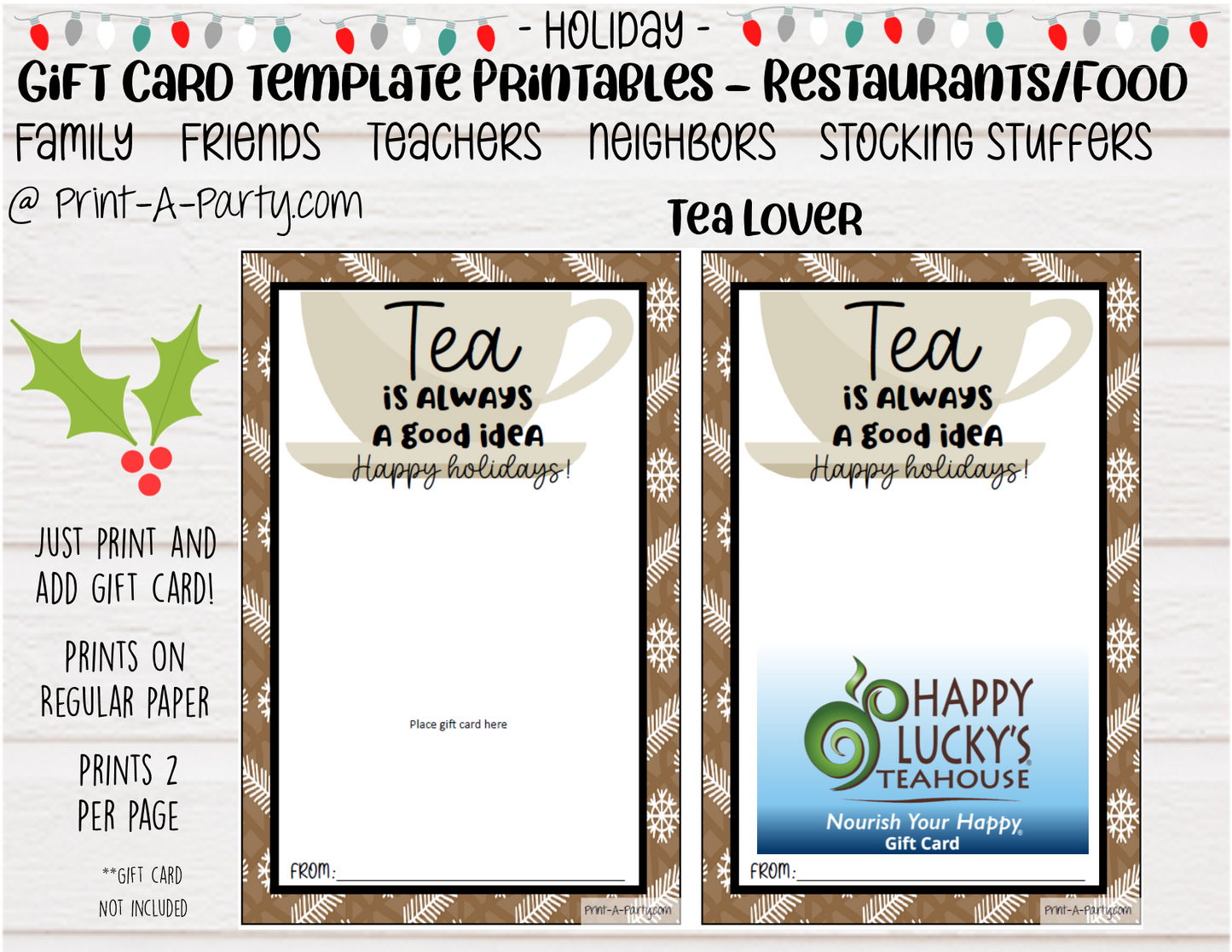 GIFT CARD Holiday Templates | Restaurants | Whataburger | Chik-fil-a | Burgers | Mexican Restaurant | Italian Restaurant | Coffee | Tea | Steakhouse | Christmas | Stocking Stuffer  - INSTANT DOWNLOAD - Use each year!