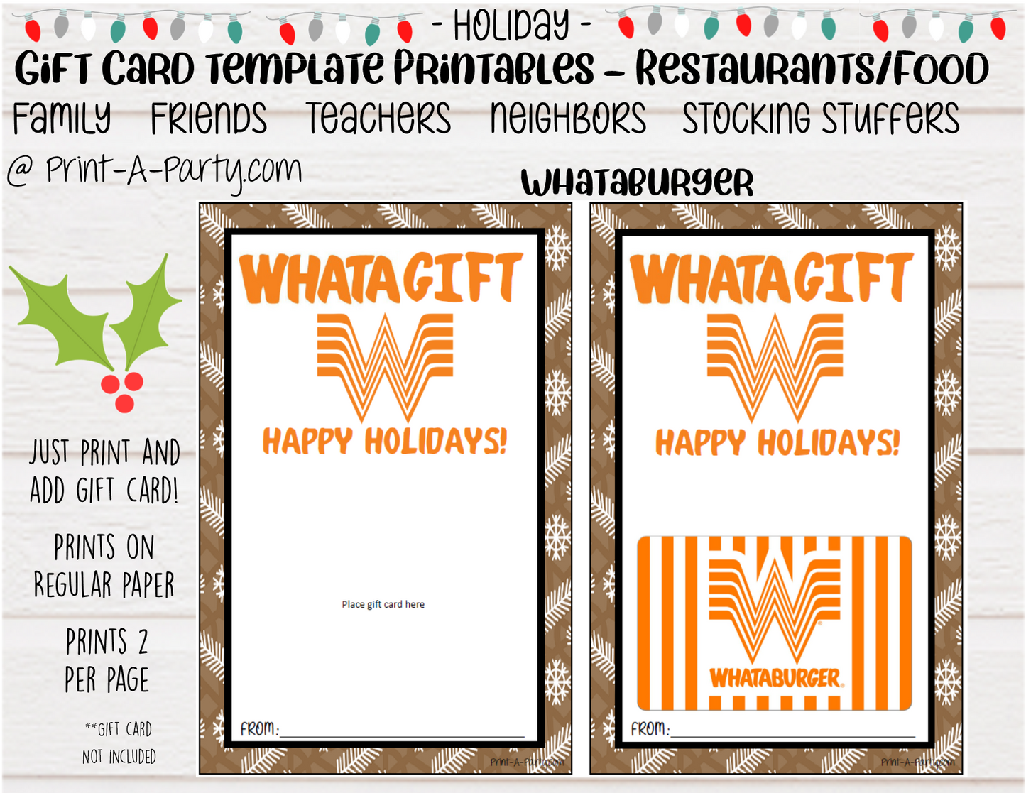 GIFT CARD Holiday Templates | Restaurants | Whataburger | Chik-fil-a | Burgers | Mexican Restaurant | Italian Restaurant | Coffee | Tea | Steakhouse | Christmas | Stocking Stuffer  - INSTANT DOWNLOAD - Use each year!