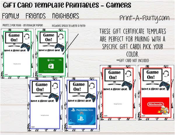 GIFT CARD Templates | Gamers | XBox | Play Station | Nintendo Switch | Google Play Store | Apple App Store and more  - INSTANT DOWNLOAD - Use each year!