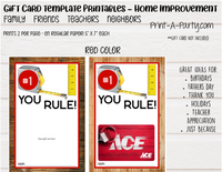 Printable GIFT CARD Templates, Home Improvement, Lowes, Home Depot, Ace, True Value