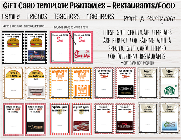 GIFT CARD Templates | Restaurants | Whataburger | Red Lobster | Pasta | Tacos | Coffee | Starbucks and more  - INSTANT DOWNLOAD - Use each year!