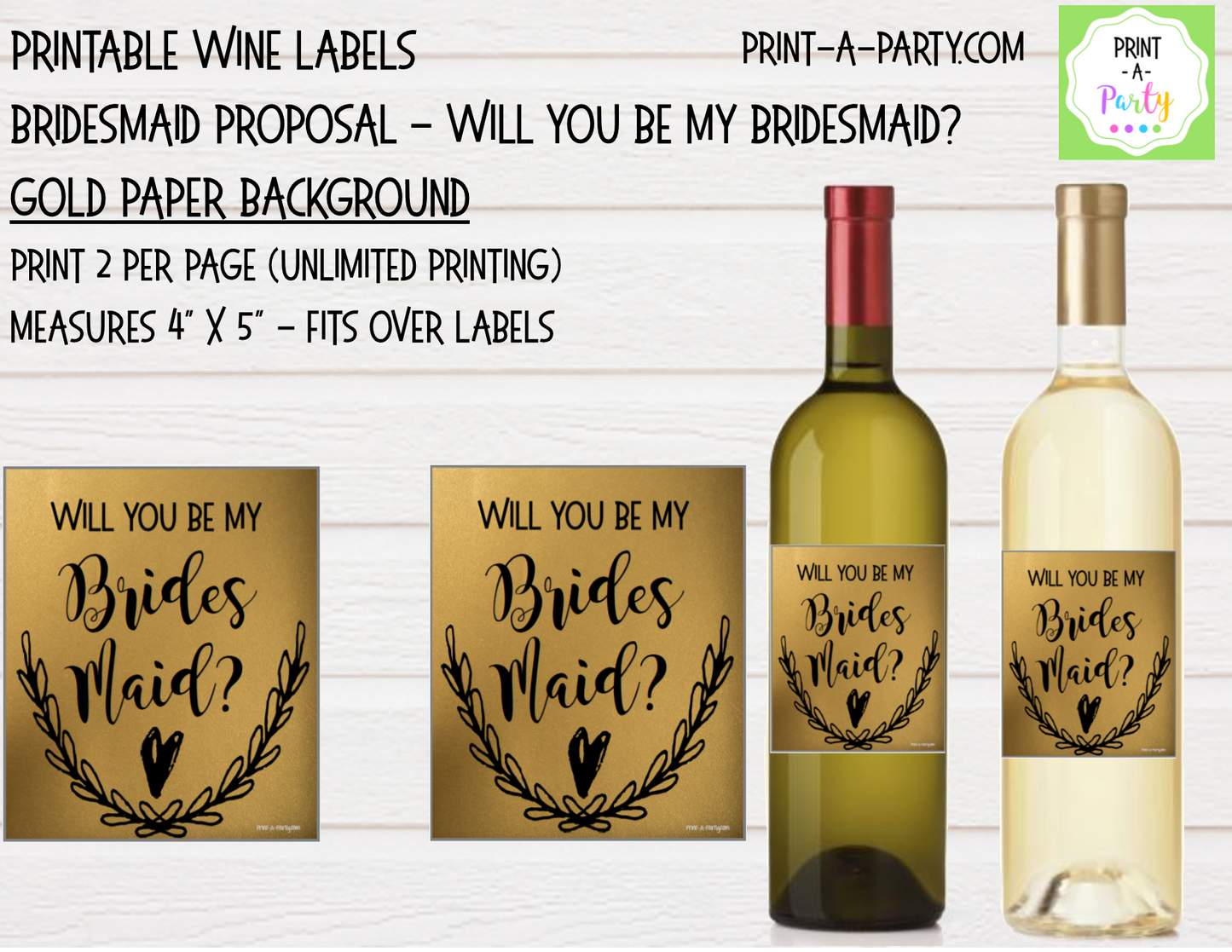 WINE LABELS: Bridesmaid Proposal | Wedding Party Ask | Will You Be My Bridesmaid? | INSTANT DOWNLOAD | Printable