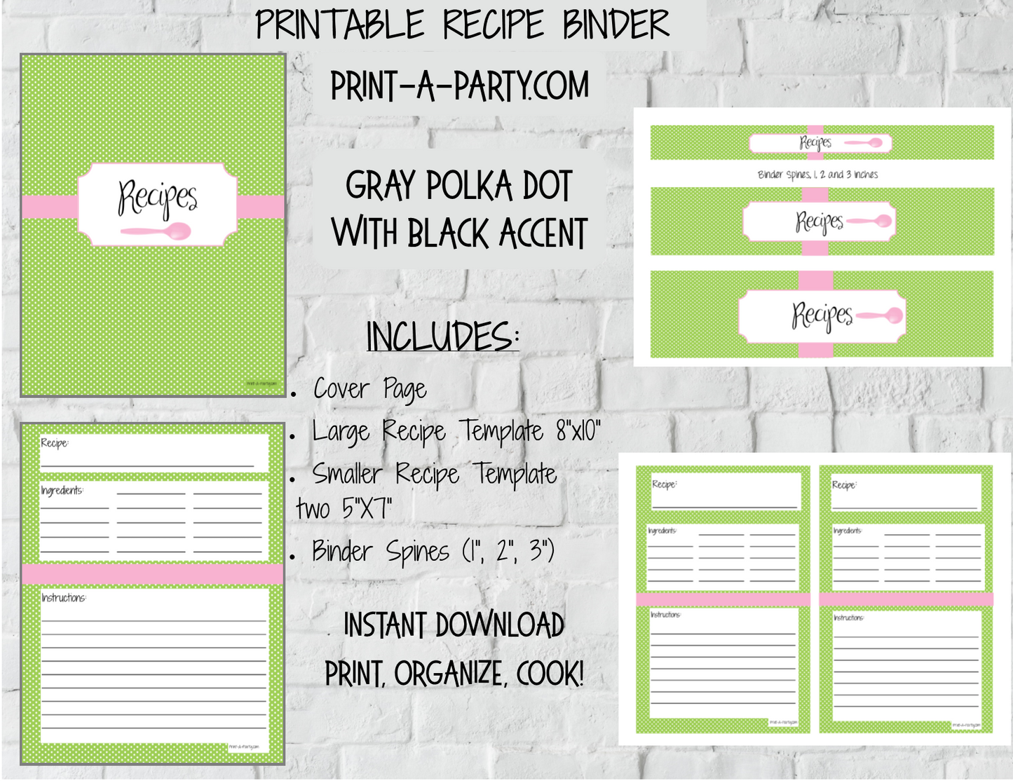 RECIPE BINDER KIT: Polka Dots Theme - INSTANT DOWNLOAD