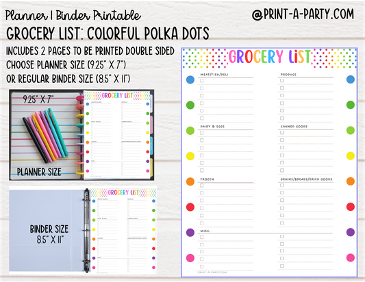 Grocery List Printable | COLORFUL POLKA DOTS THEME | Planner & Binder Sizes | Planner Grocery List | Binder Grocery List | Classic Happy Planner | Home Management Organization Binder | Planner Printable