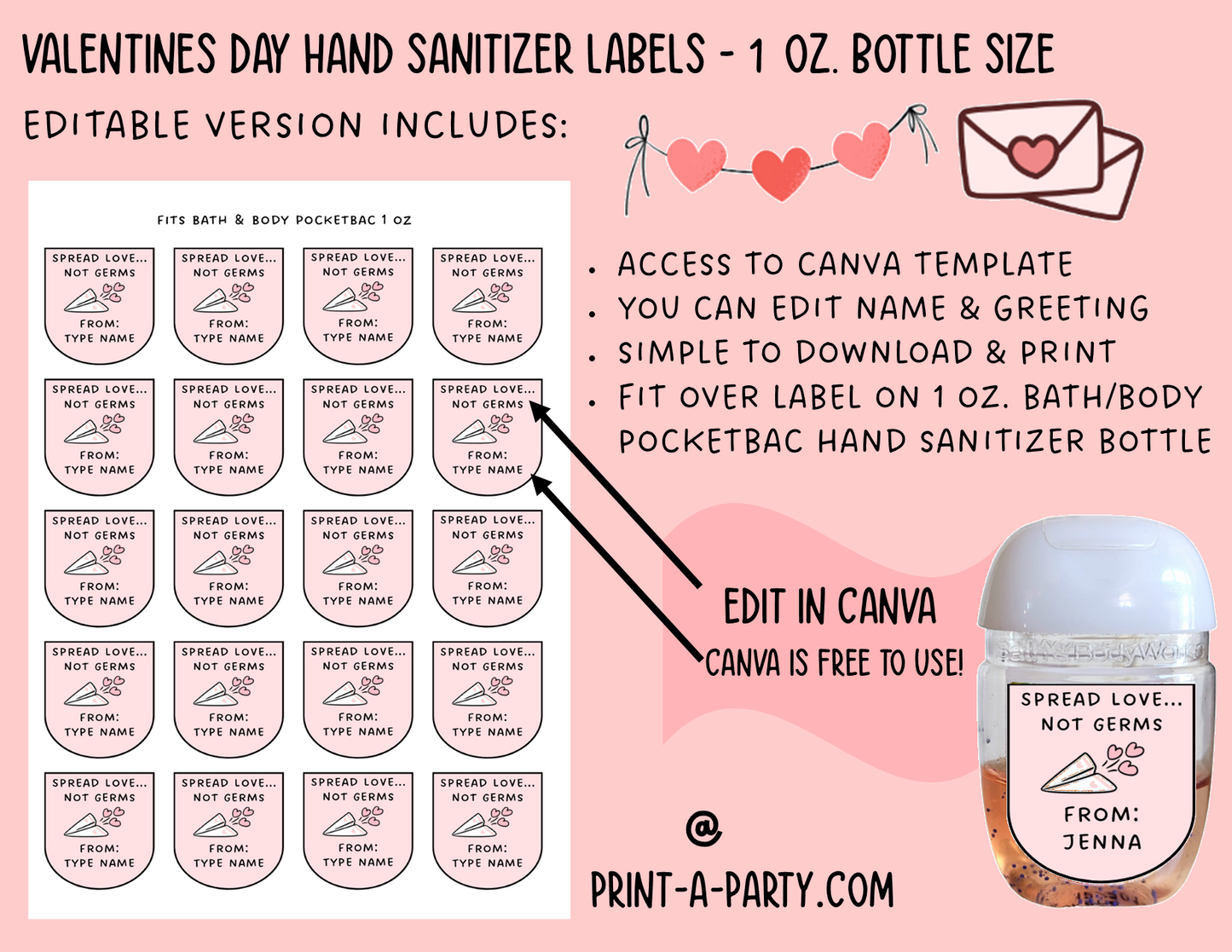 DIY Valentines | HAND SANITIZER LABELS | Printable or Editable | Valentine's Day Hand Sanitizers