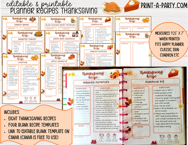DIY Cookbook | THANKSGIVING Recipe Collection | PRINTABLE OR EDITABLE | Planner  | Meal Plan | Planner Recipes | Binder Recipes