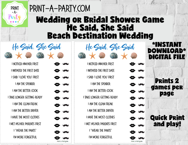 HE SAID, SHE SAID: Bridal or Wedding Shower Game | Printable Wedding Shower Games | Instant Download