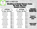 HE SAID, SHE SAID: Bridal or Wedding Shower Game | Printable Wedding Shower Games | Instant Download