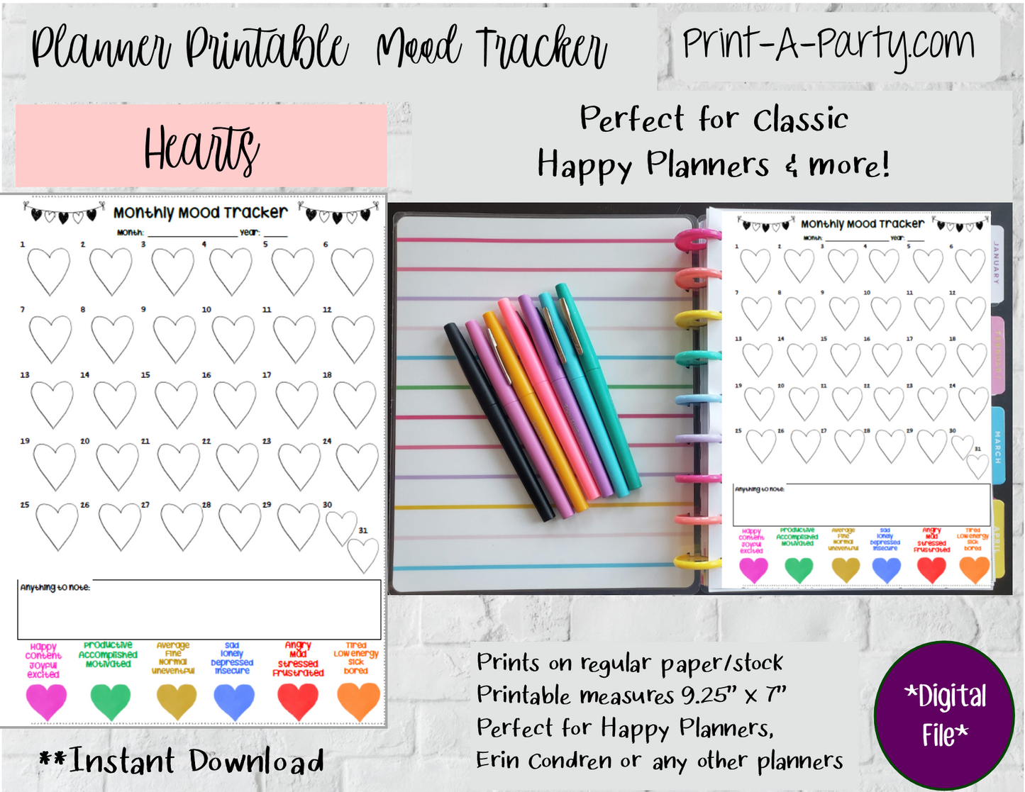 Mood Tracker | Monthly Mood Tracker | Classic Happy Planner | Planner Printable