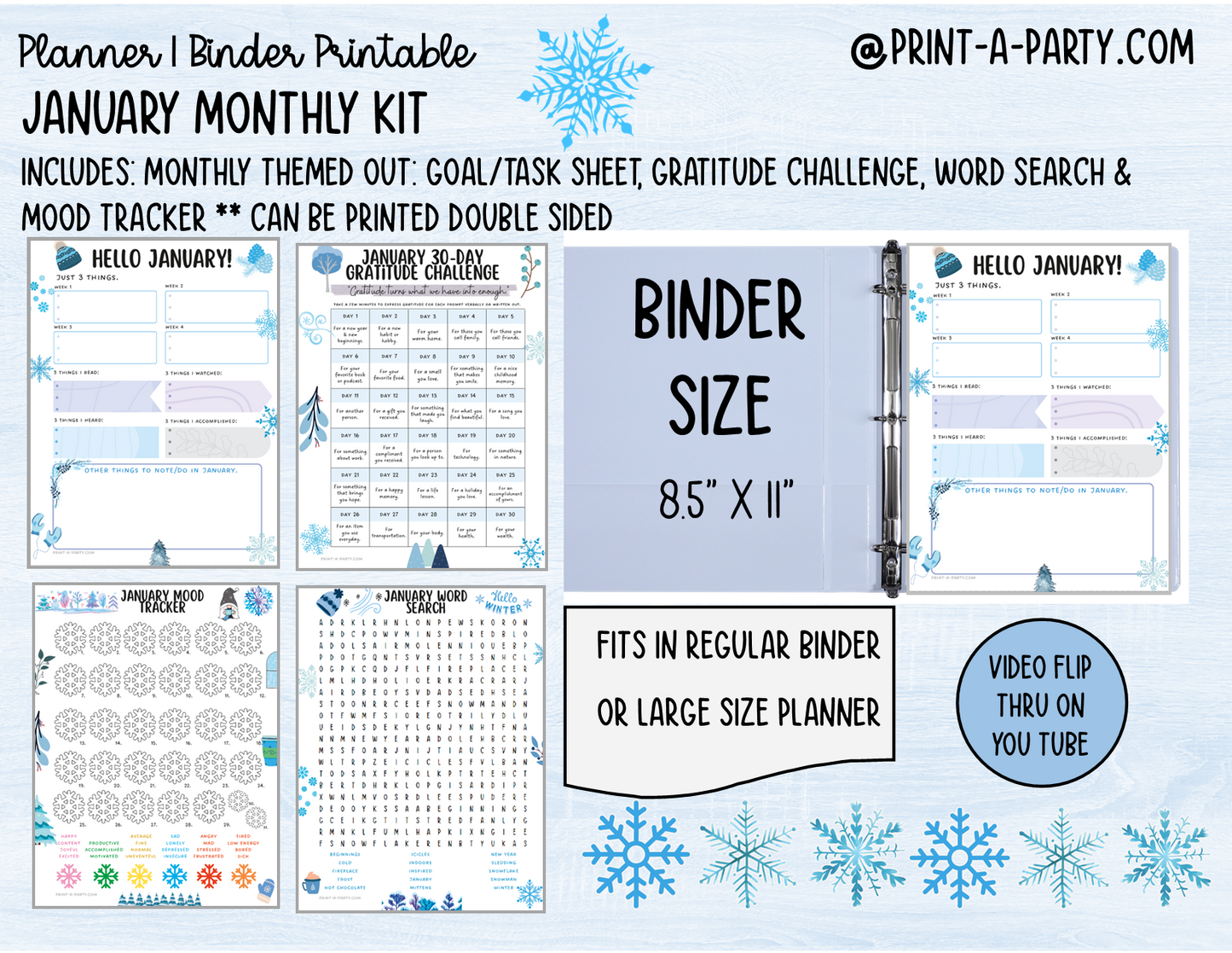 Monthly Planner Kit 1 - JANUARY Printable | To Do/Goal Tracker | Gratitude Challenge | Word Search Game | Mood Tracker | Planner/Binder Sizes