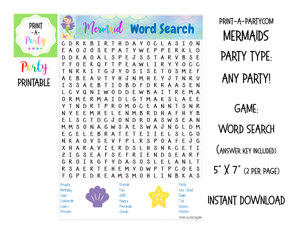 WORD SEARCH: Mermaid | Birthday Party | Games - INSTANT DOWNLOAD