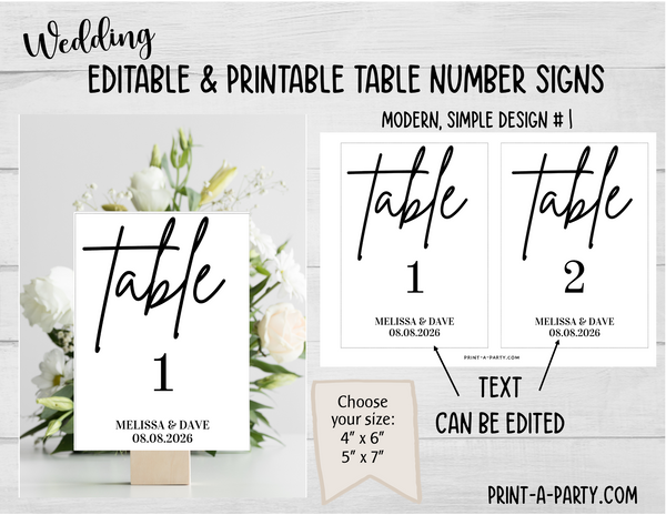 TABLE NUMBER SIGNS EDITABLE & PRINTABLE | Table Number Signs for Wedding or Baby Shower | Editable Table Number Signs | Printable Table Number Signs |Simple Modern Wedding |  | Edit names and dates