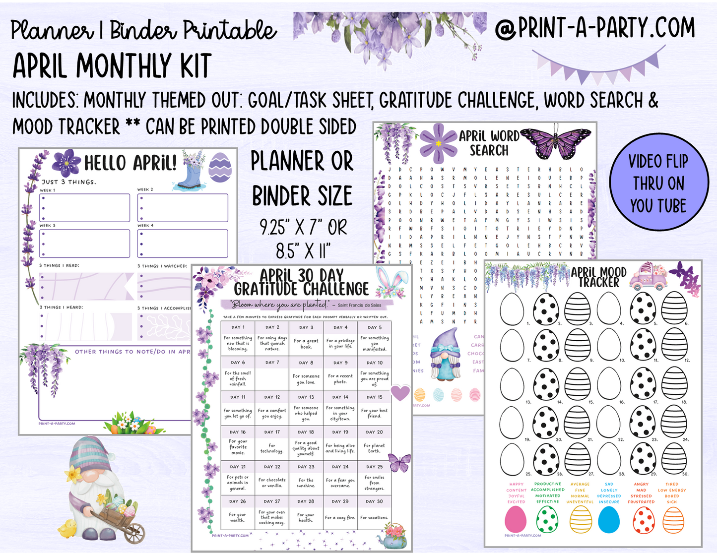 Monthly Planner Kit 4 - APRIL Printable | To Do/Goal Tracker | Gratitude Challenge | Word Search Game | Mood Tracker | Planner/Binder Sizes