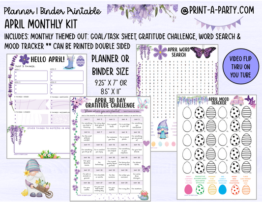 Monthly Planner Kit 4 - APRIL Printable | To Do/Goal Tracker | Gratitude Challenge | Word Search Game | Mood Tracker | Planner/Binder Sizes