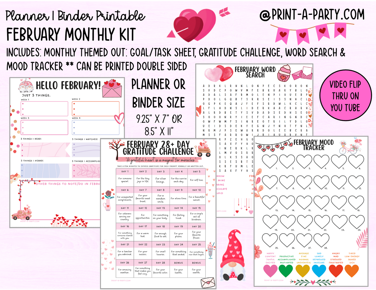 Monthly Planner Kit 2 - FEBRUARY Printable | To Do/Goal Tracker | Gratitude Challenge | Word Search Game | Mood Tracker | Planner/Binder Sizes