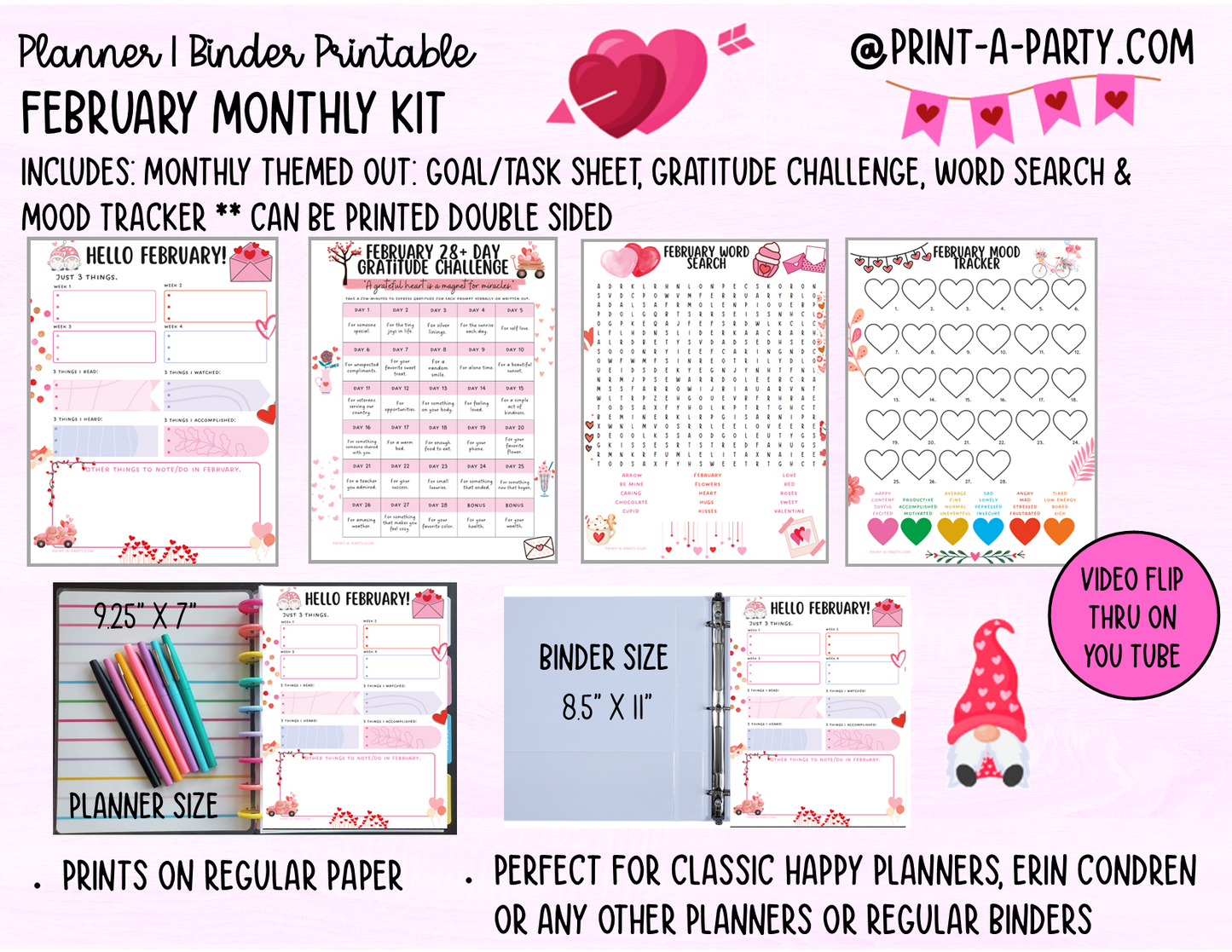 Monthly Planner Kit 2 - FEBRUARY Printable | To Do/Goal Tracker | Gratitude Challenge | Word Search Game | Mood Tracker | Planner/Binder Sizes