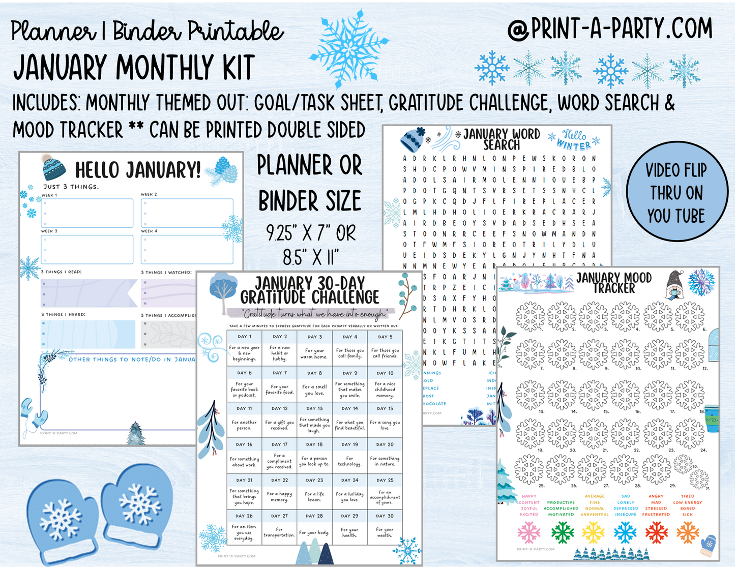 Monthly Planner Kit 1 - JANUARY Printable | To Do/Goal Tracker | Gratitude Challenge | Word Search Game | Mood Tracker | Planner/Binder Sizes