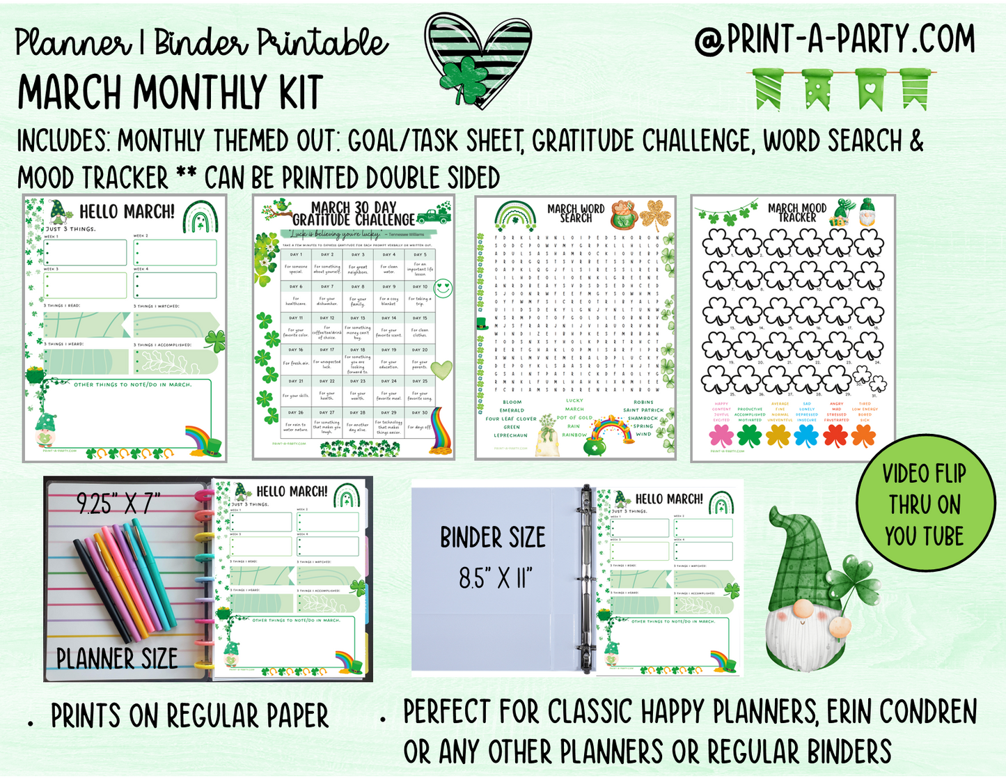 Monthly Planner Kit 3 - MARCH Printable | To Do/Goal Tracker | Gratitude Challenge | Word Search Game | Mood Tracker | Planner/Binder Sizes