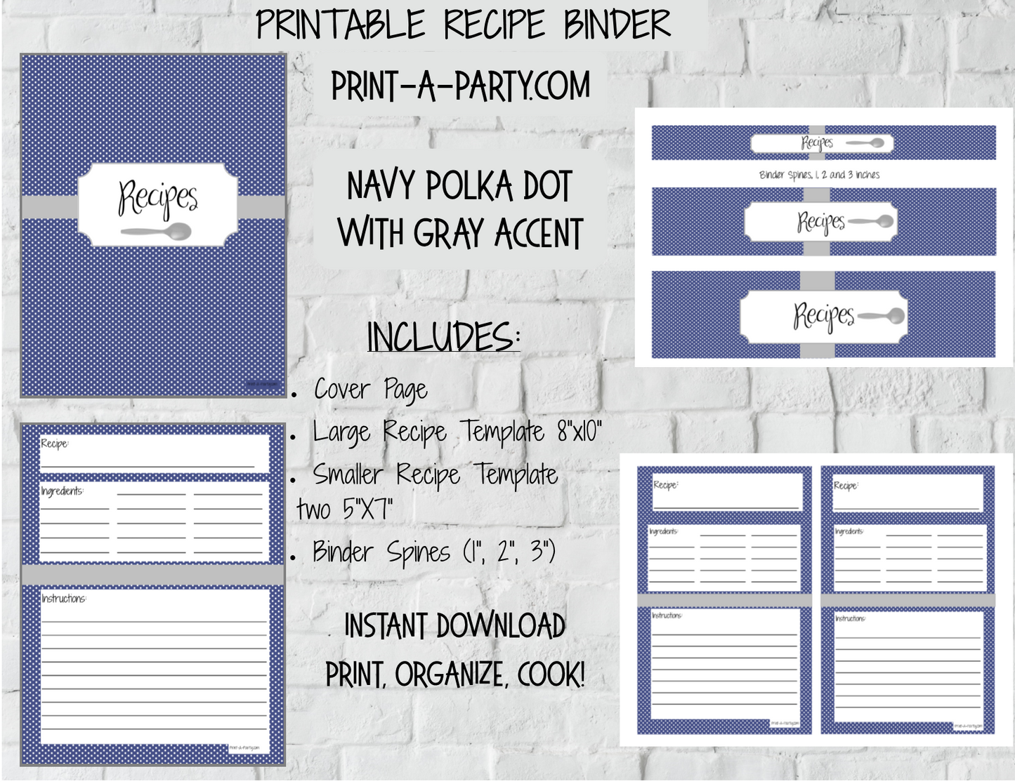 RECIPE BINDER KIT: Polka Dots Theme - INSTANT DOWNLOAD