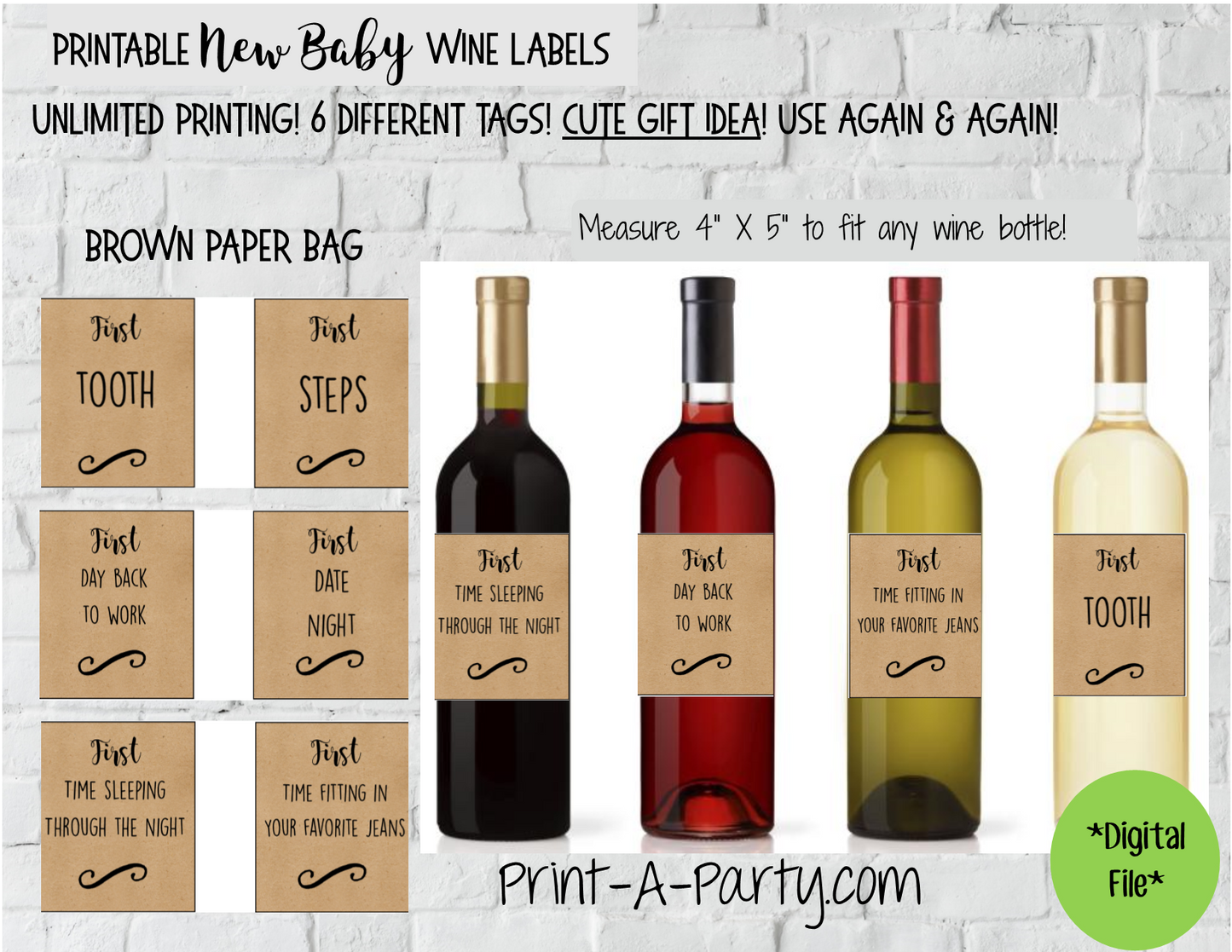 WINE LABELS: New Baby | New Parents | Baby Firsts Wine Labels - for Gifts, Wine Baskets - INSTANT DOWNLOAD