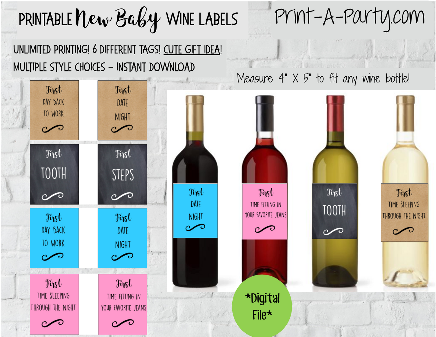 WINE LABELS: New Baby | New Parents | Baby Firsts Wine Labels - for Gifts, Wine Baskets - INSTANT DOWNLOAD