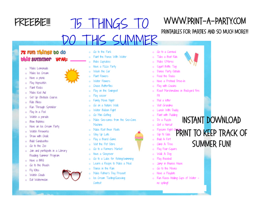 75 Summer Activities Checklist Printable - FREE INSTANT DOWNLOAD