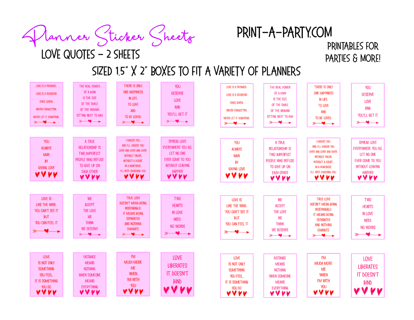 PLANNER STICKERS: Love Quotes | INSTANT DOWNLOAD | Fits a variety of planners! Erin Condren, Happy Planner and more