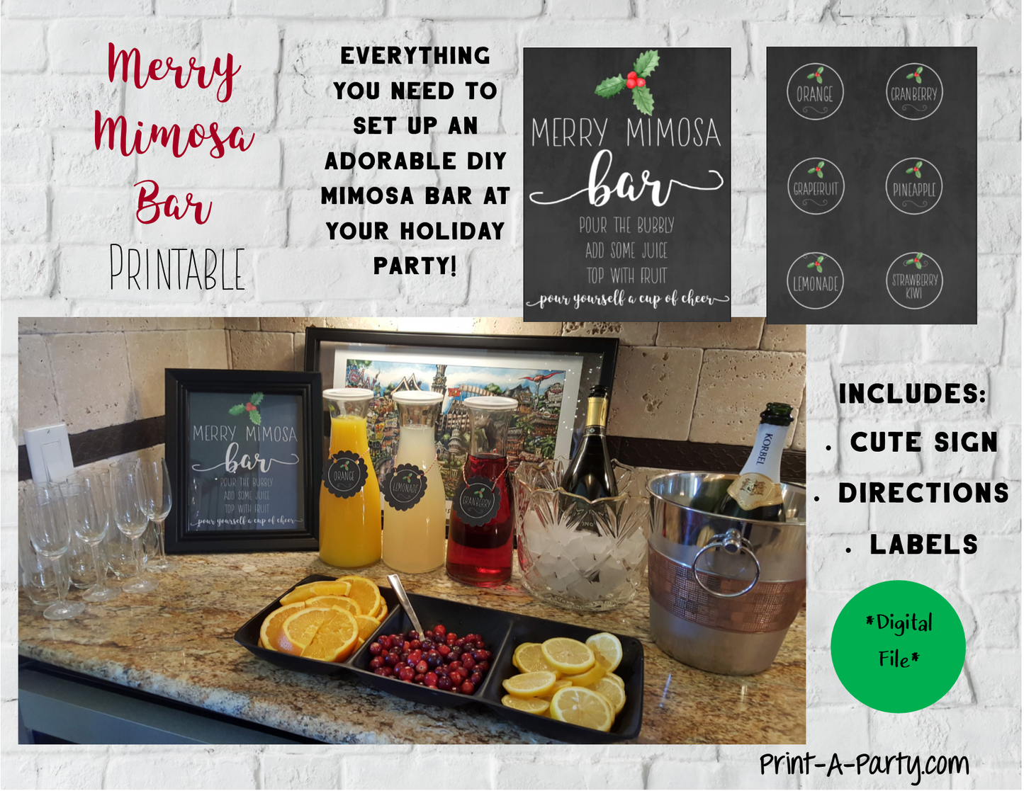 MIMOSA BAR | MIMOSA STATION SETUP - HOLIDAYS | MERRY MIMOSA STATION | Christmas Brunch | Holiday Brunch | Cocktail Party | Mimosa Bar Kit | Weddings | Showers | INSTANT DOWNLOAD