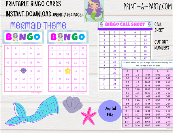 BINGO: Mermaids | Classrooms | Parties | Birthday | 30, 40, or 50 cards - INSTANT DOWNLOAD