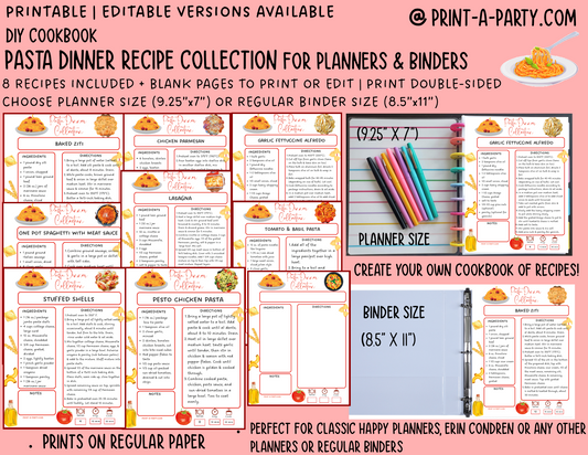 DIY Cookbook | PASTA Dinner Recipe Collection | PRINTABLE OR EDITABLE | Planner and Binder Size | Meal Plan | Planner Recipes | Binder Recipes