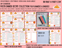 DIY Cookbook | PASTA Dinner Recipe Collection | PRINTABLE OR EDITABLE | Planner and Binder Size | Meal Plan | Planner Recipes | Binder Recipes