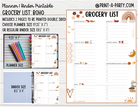 Grocery List Printable | BOHO THEME | Bohemian Theme | Planner & Binder Sizes | Planner Grocery List | Binder Grocery List | Classic Happy Planner | Home Management Organization Binder | Planner Printable