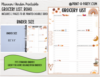 Grocery List Printable | BOHO THEME | Bohemian Theme | Planner & Binder Sizes | Planner Grocery List | Binder Grocery List | Classic Happy Planner | Home Management Organization Binder | Planner Printable