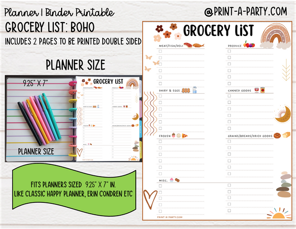 Grocery List Printable | BOHO THEME | Bohemian Theme | Planner & Binder Sizes | Planner Grocery List | Binder Grocery List | Classic Happy Planner | Home Management Organization Binder | Planner Printable