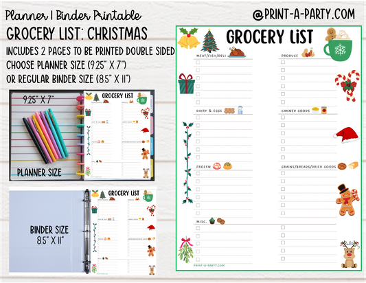 Grocery List Printable | CHRISTMAS THEME | Planner & Binder Sizes | Planner Grocery List | Binder Grocery List | Classic Happy Planner | Home Management Organization Binder | Planner Printable