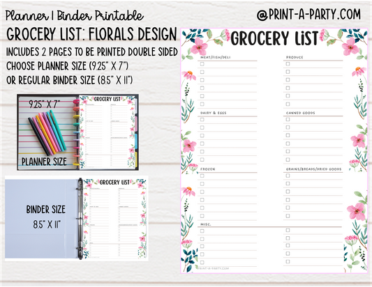 Grocery List Printable | FLORALS THEME | Planner & Binder Sizes | Planner Grocery List | Binder Grocery List | Classic Happy Planner | Home Management Organization Binder | Planner Printable