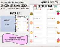 Grocery List Printable | KAWAII THEME | Planner & Binder Sizes | Planner Grocery List | Binder Grocery List | Classic Happy Planner | Home Management Organization Binder | Planner Printable